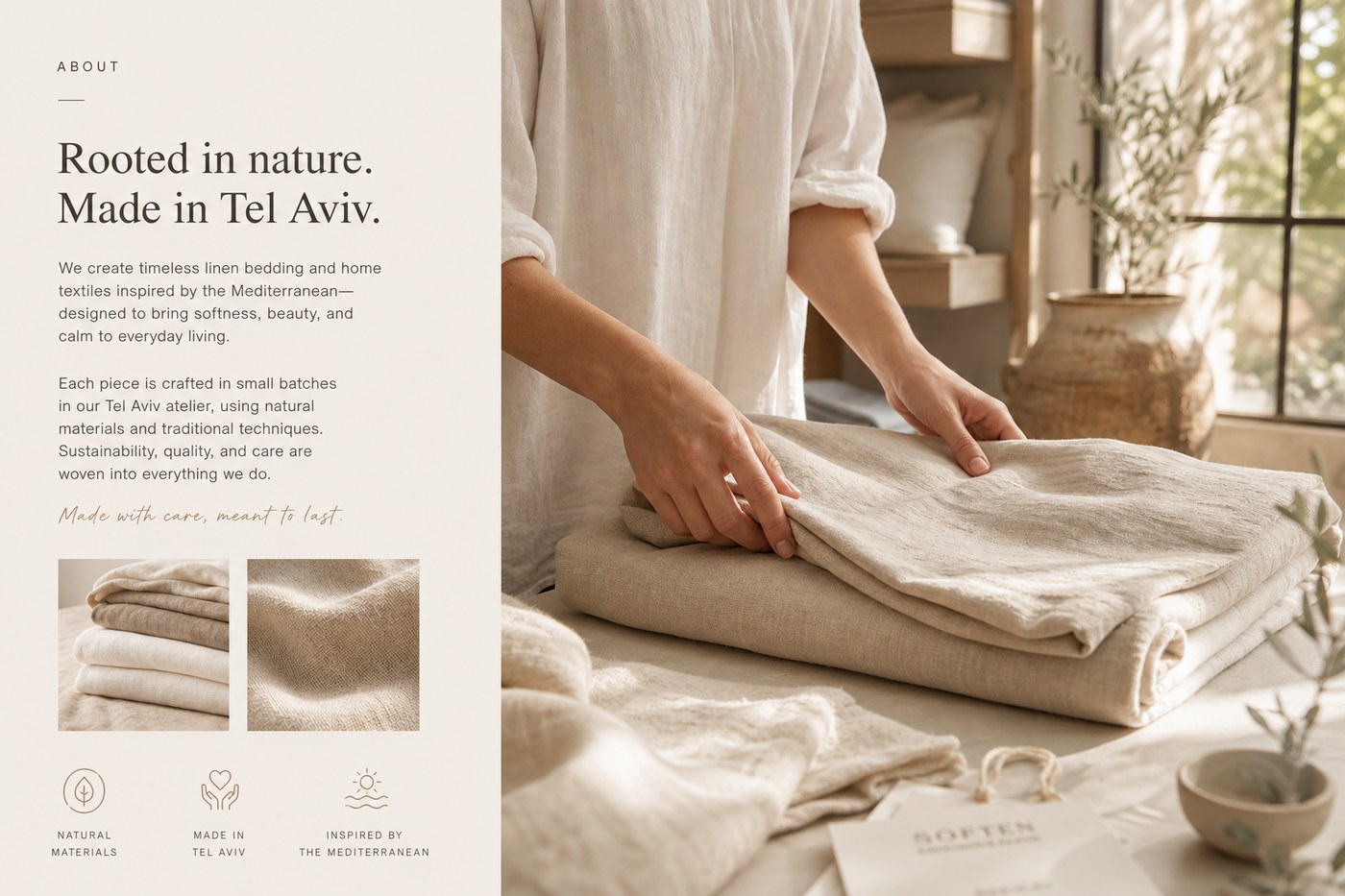 Artisan folding natural linen bedding in warm Tel Aviv light