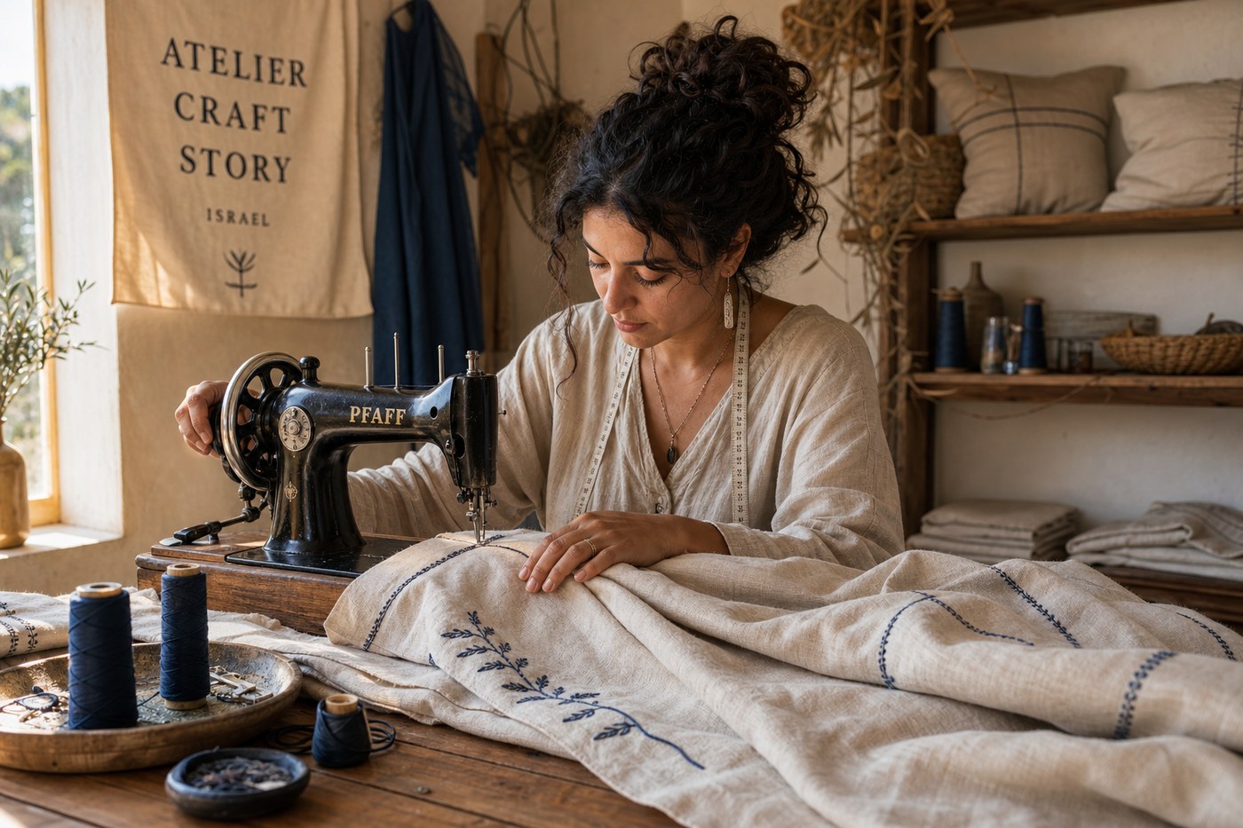 Seamstress sewing natural linen bedding at wooden workbench