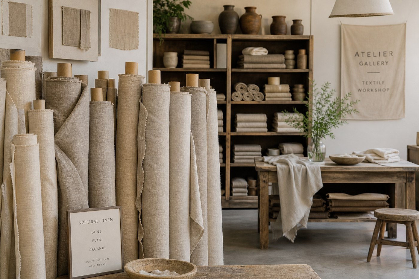 Rolls of natural linen fabric in dune and flax colors