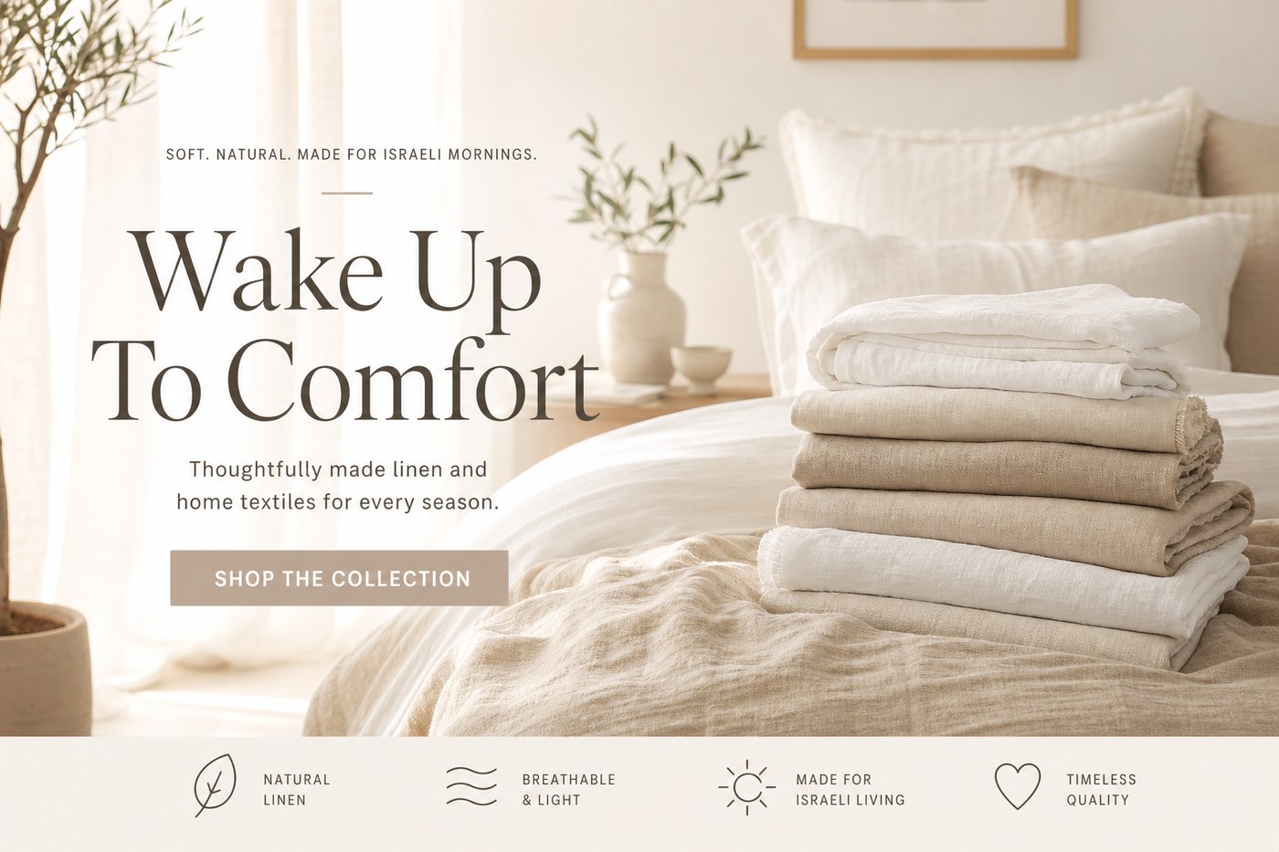 Inviting bedroom with layered linen bedding in morning light