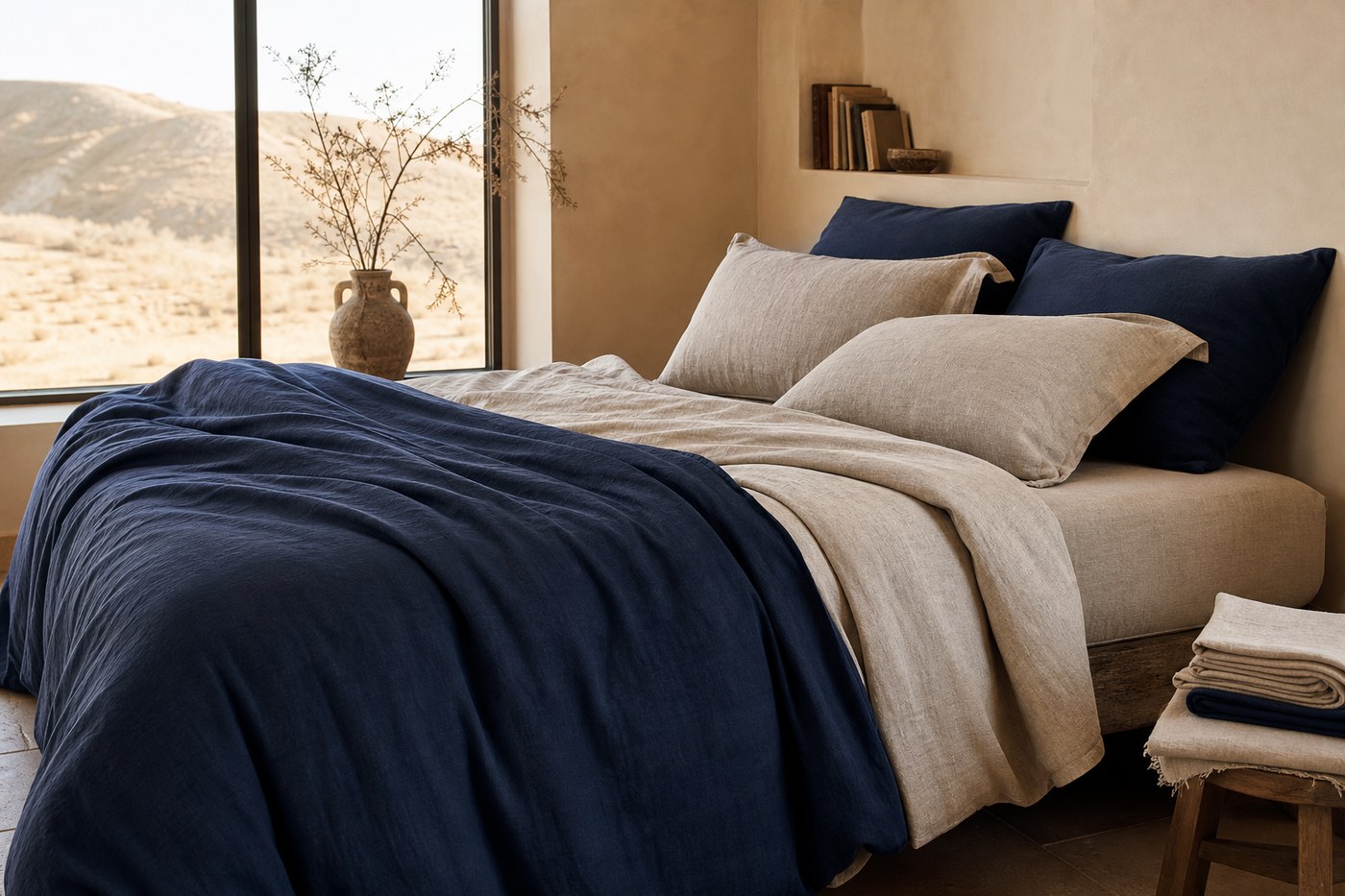 Layered linen bedding in a sunlit bedroom with dune beige and indigo tones